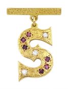 18ct gold round brilliant cut diamond and ruby 'S' pendant brooch