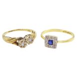 Early 20th century milgrain set French cut synthetic sapphire and diamond cluster ring