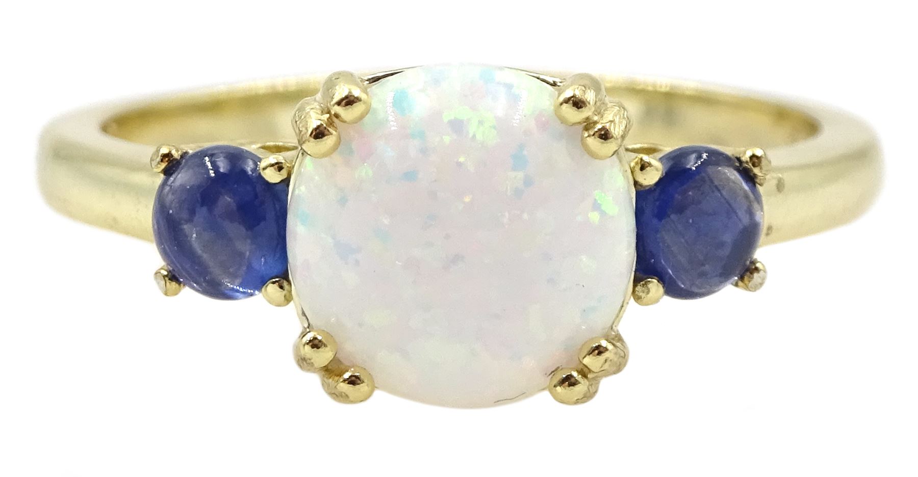 Silver-gilt three stone opal and sapphire ring