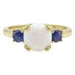 Silver-gilt three stone opal and sapphire ring