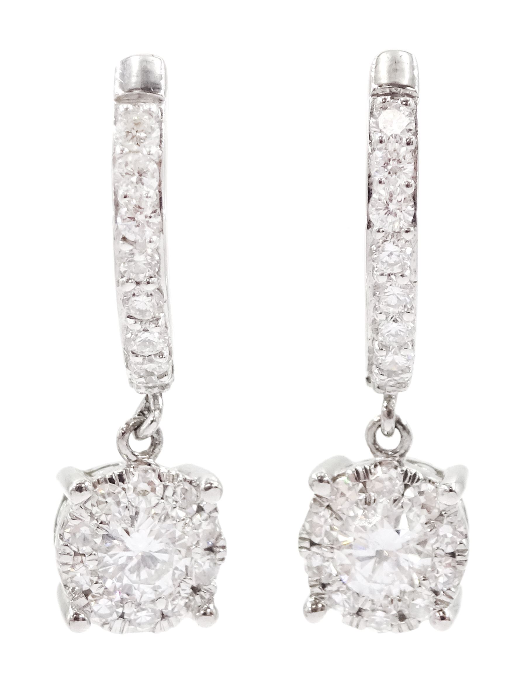 Pair of 18ct white gold round brilliant cut diamond pendant earrings