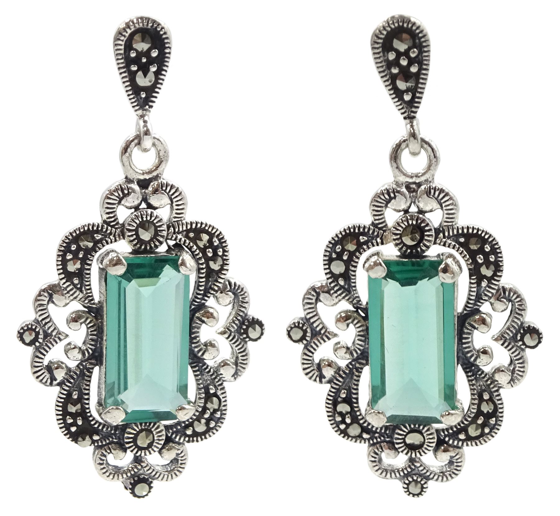 Silver green quartz and marcasite filigree design pendant stud earrings