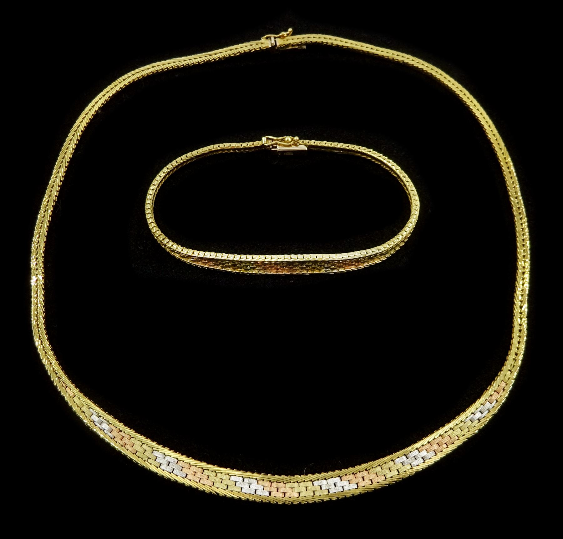 9ct gold tri-coloured fancy link necklace and similar 9ct gold bracelet