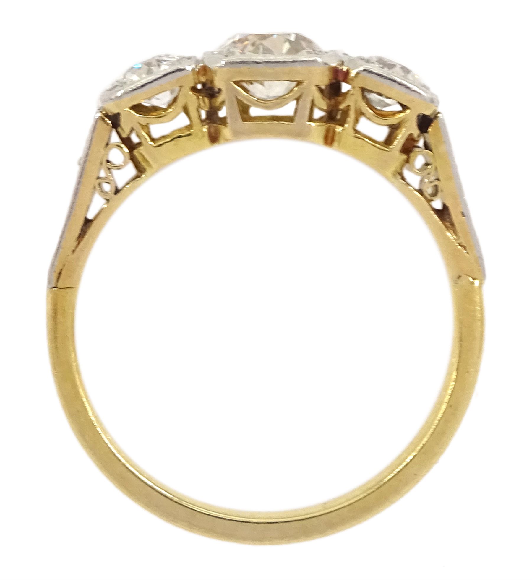 Early 20th century gold square milgrain set three stone old cut diamond ring - Image 4 of 4