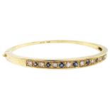 9ct gold round brilliant cut diamond and sapphire hinged bangle