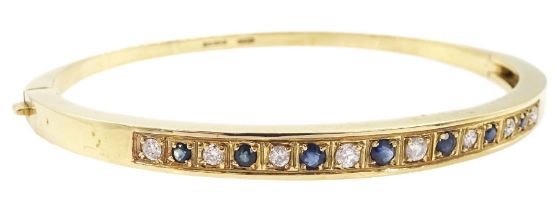 9ct gold round brilliant cut diamond and sapphire hinged bangle