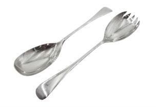 Pair of 1920s silver Old English pattern salad servers