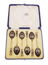 Set of six 1930s silver-gilt and enamel coffee spoons