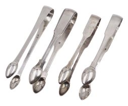 Four pairs of George III and later York silver sugar tongs