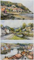 John Freeman (British 1942-): 'Across Whitby' 'Sandsend' and 'Runswick Bay' three prints 22cm x 30cm