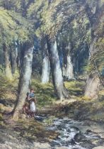 George F Hargitt (Scottish/Canadian 1837-1927): Woodland Stream with Children Fishing