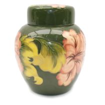 Moorcroft ginger jar in Hibiscus pattern on green ground