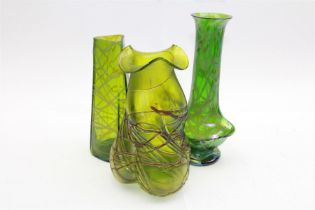 Three Austrian Art Nouveau green iridescent glass vases