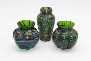 Three Austrian Art Nouveau Kralik iridescent glass vases