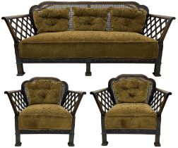 Early 20th century three-piece bergère suite - three seat sofa (W177cm