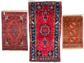 Persian Hamadan crimson ground rug (155cm x 105cm); Persian crimson ground rug (265cm x 130cm); smal