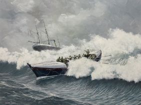John Cooper (British 1942-2015): Coxswain Guiding a Boat at Heavy Seas