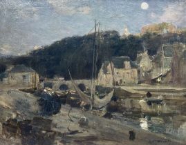 Owen Bowen (Staithes Group 1873-1967): 'Dinan Brittany' - Fishing Village at Moonlight