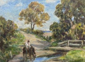 Owen Bowen (Staithes Group 1873-1967): Horse and Rider Watering by a Bridge
