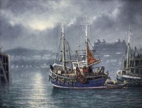 Jack Rigg (British 1927-2023): Trawlers in Scarborough Harbour by Moonlight