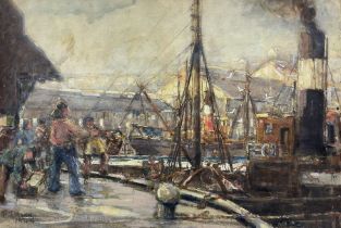 William J Mann (Scarborough mid 20th century): Steam Trawlers by the Fish Quay Scarborough