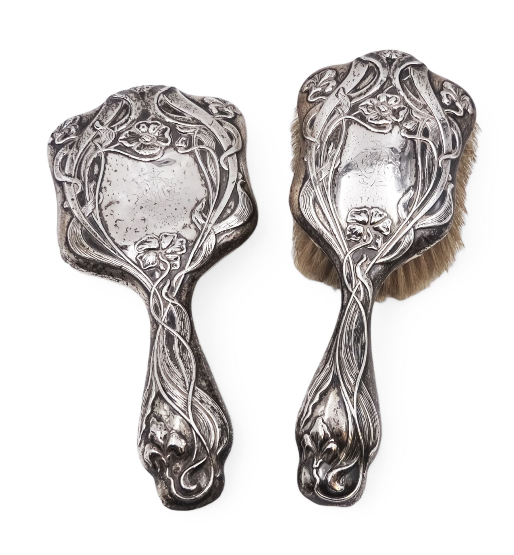 Art Nouveau silver mounted two piece dressing table set