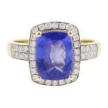 14ct gold cushion cut tanzanite and round brilliant cut diamond cluster ring