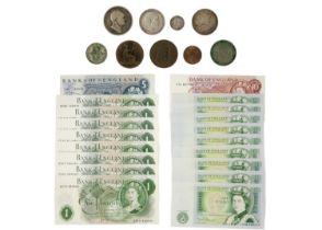 GB bank notes and coins plus Australia silver 2/- coin