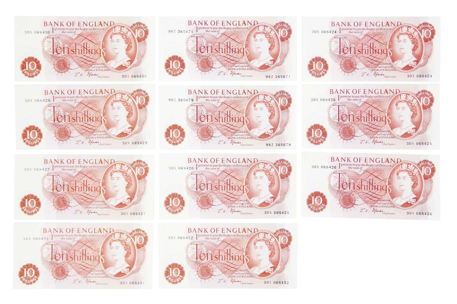 J.S. Fforde 10 shilling notes EF - UNC grade (x11)