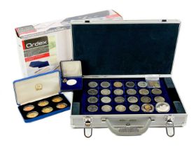 GB and Foreign crown sized coins and medallions including silver with aluminum coin case