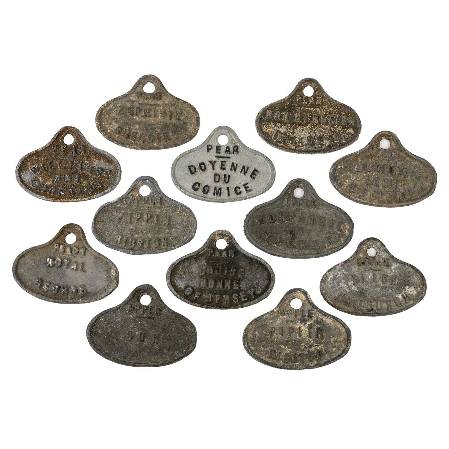 A collection of 12 cast metal fruit store labels.