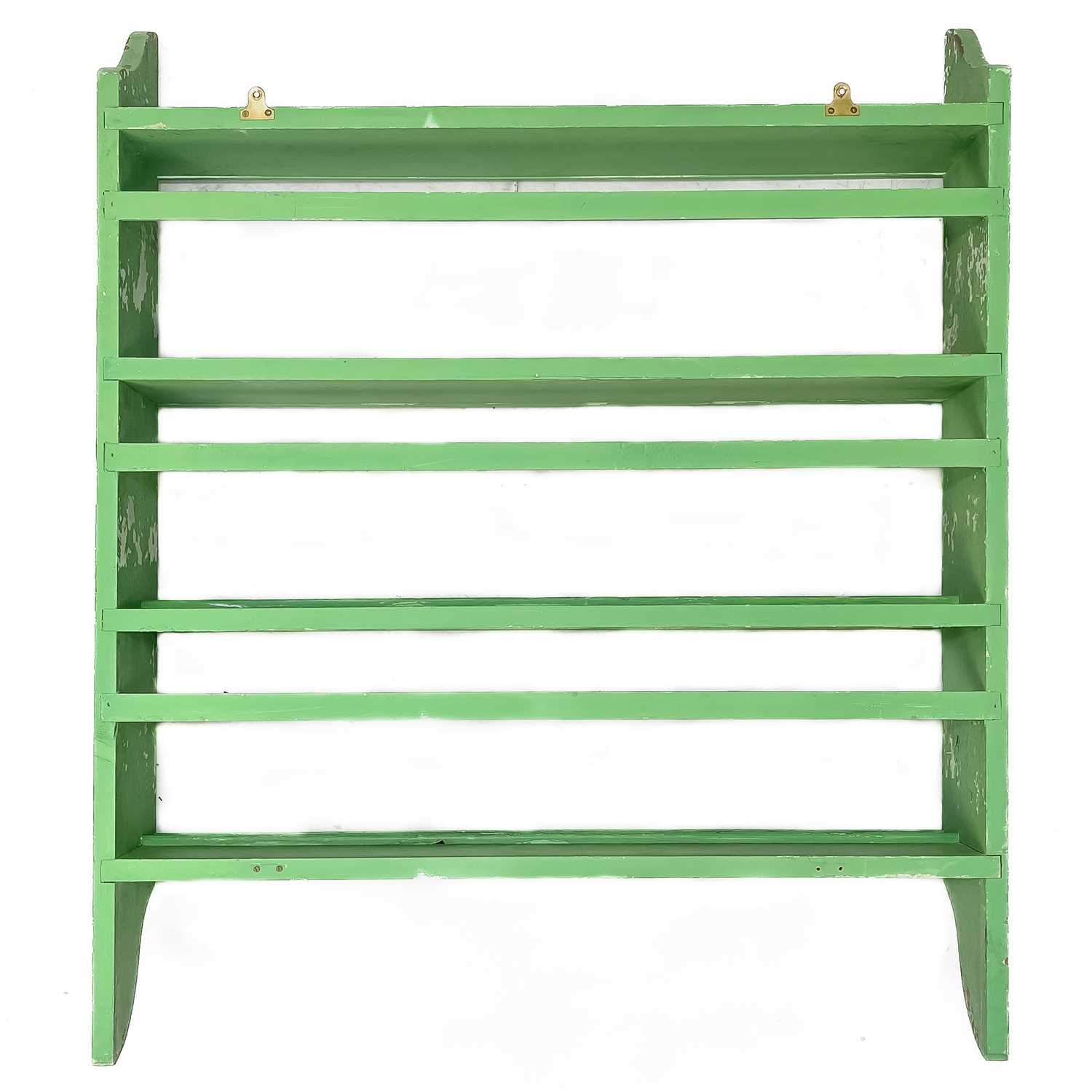 A Green painted Victorian kitchen wall plate rack.