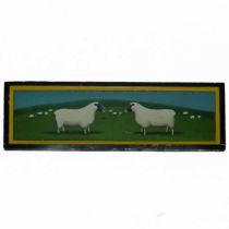 A pine panel, painted with sheep in a landscape.