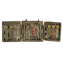 An Orthodox brass and enamel folding triptych Icon.