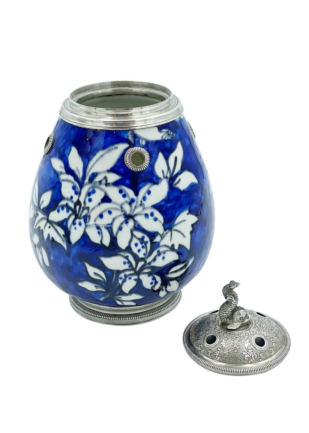 A Persian pottery and silver mounted pot, early 20th century. - Image 4 of 5