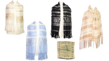 Three Indian sari scarves, a satin woven cushion cover and one satin scarf.