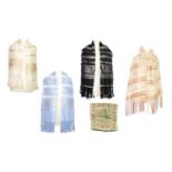 Three Indian sari scarves, a satin woven cushion cover and one satin scarf.