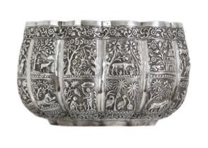 A Burmese silver thabeik lobed bowl, early 20th century.