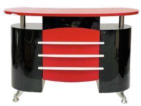 A Dir Janus black and red laminated Barbers or shop cabinet.