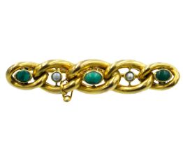 An Edwardian 9ct seed pearl and turquoise set curb chain brooch.