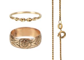 A 9ct rose gold foliate engraved band ring, a twisted band ring and a broken chain.