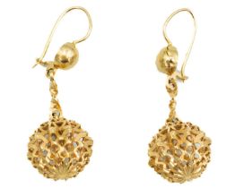 An 18ct Italian pair of pierced spherical pendant earrings.