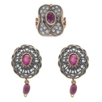 A Victorian style 14ct and silver diamond and ruby set earring and ring matched suite.