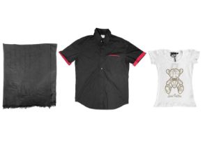 A Christian Dior black shawl, a Louis Vuitton white Farfetch T-Shirt, and a Versace black shirt.