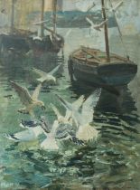Charles Walter SIMPSON (1885-1971) Seagulls swooping in Newlyn Harbour
