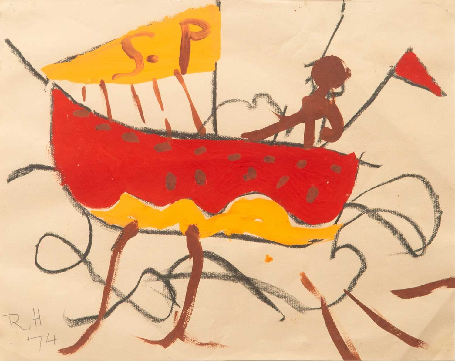 Roger HILTON (1911-1975) Boat with Man and Flag, 1974