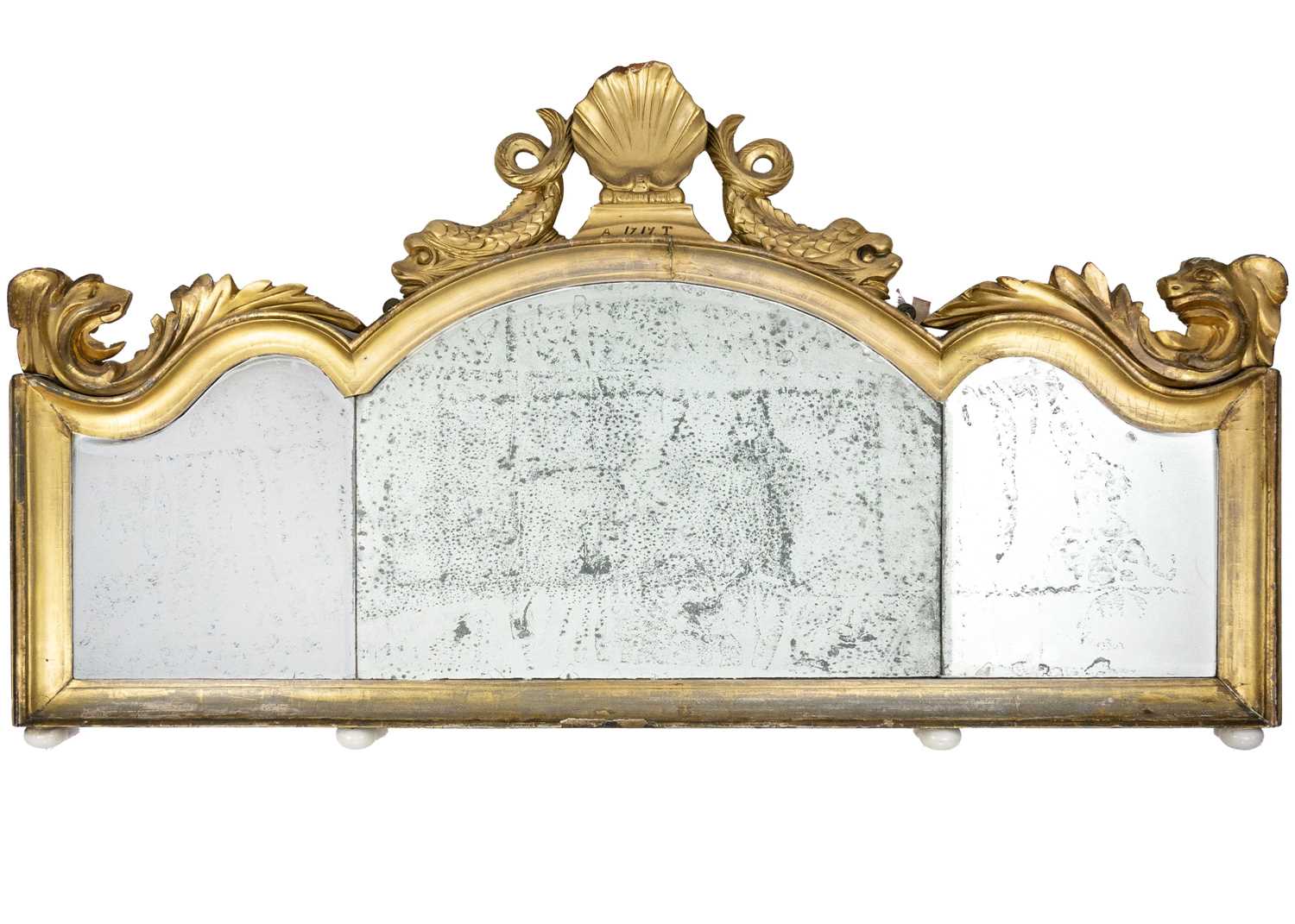 A Queen Anne gilt gesso overmantel mirror.