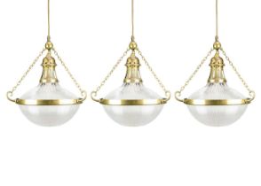 A set of three early 20th century Holophane Blondel Stiletto Bowl light pendants.