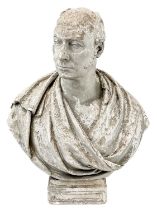 A 19th century weathered plaster bust of a gentleman wearing classical robes. The property of Peter