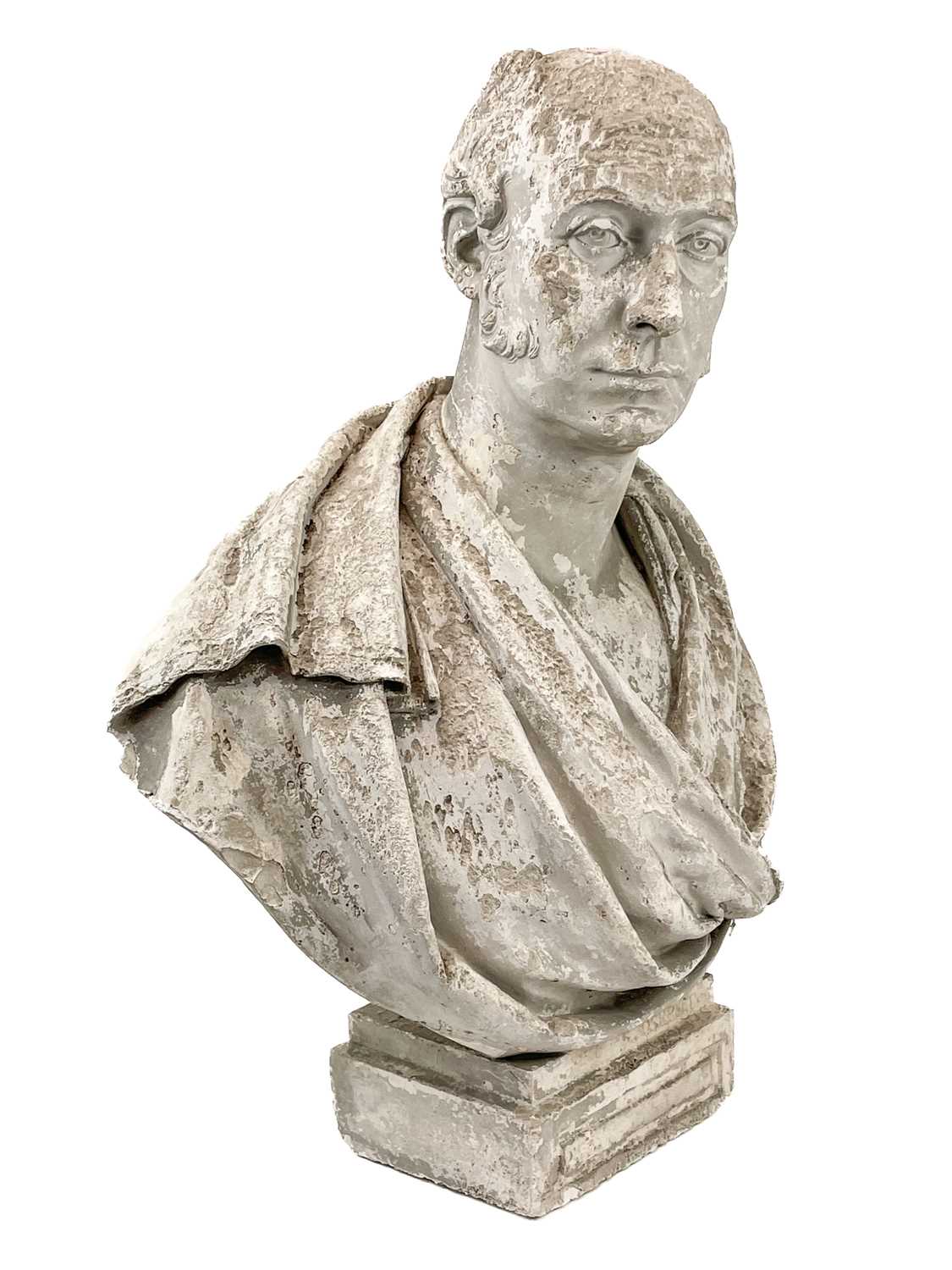 A 19th century weathered plaster bust of a gentleman wearing classical robes. The property of Peter - Image 2 of 5